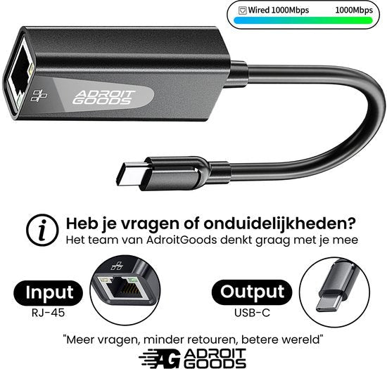 Zwarte AdroitGoods USB-C naar RJ-45 adapter met kabel voor bekabelde internetverbinding