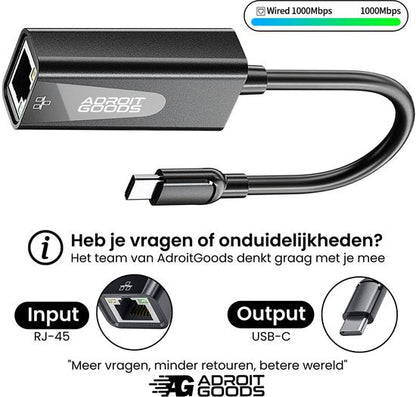 Zwarte AdroitGoods USB-C naar RJ-45 adapter met kabel voor bekabelde internetverbinding