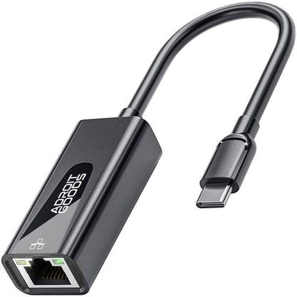 AdroitGoods zwarte USB-C naar Ethernet adapter met korte flexibele kabel en handzaam ontwerp