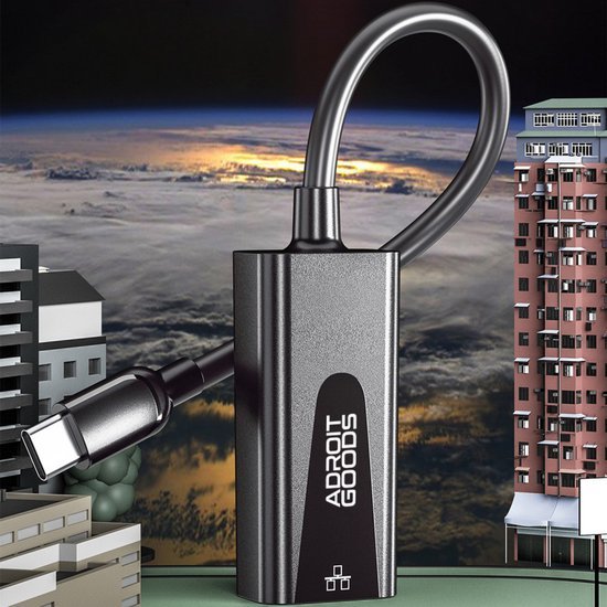 AdroitGoods metalen USB-C adapter met kabel, moderne stadsachtergrond en planeetzicht