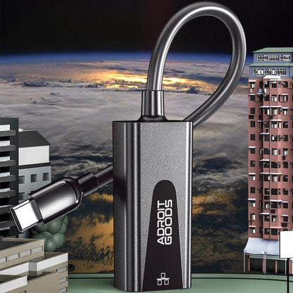 AdroitGoods metalen USB-C adapter met kabel, moderne stadsachtergrond en planeetzicht