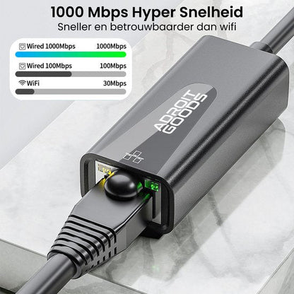 Zwarte netwerkkabel verbonden met een Adroit Goods adapter voor snelle internetverbinding