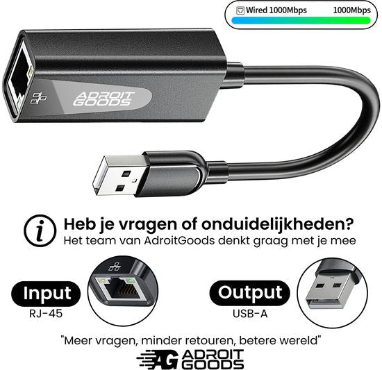 Zwarte AdroitGoods USB-A naar RJ-45 netwerkkabel voor 1000Mbps bekabelde verbinding.