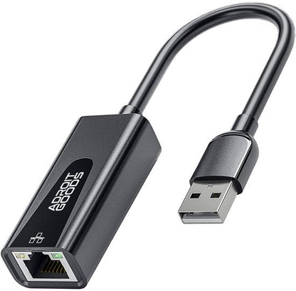 Zwarte USB naar Ethernet adapter met kabel en rechte connectoren voor netwerkverbindingen