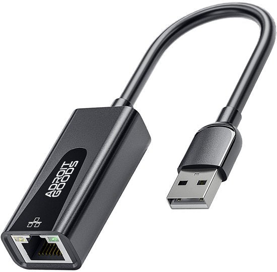 Zwarte USB naar Ethernet adapter met kabel en rechte connectoren voor netwerkverbindingen