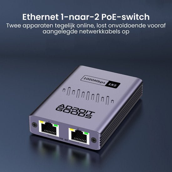 grijze Adroit Goods Ethernet PoE switch met twee netwerkaansluitingen en statuslampjes