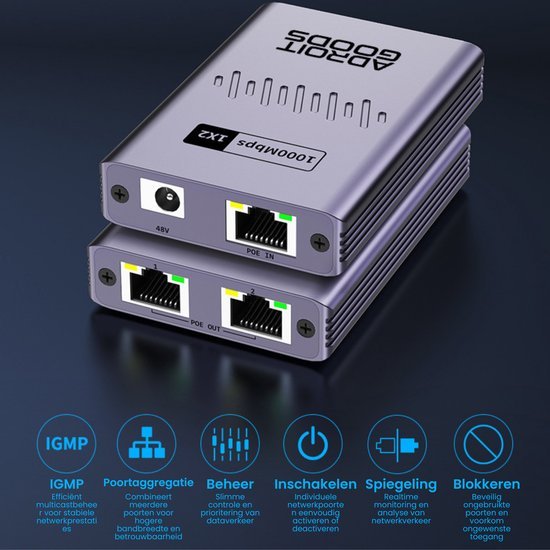 Compact zilverkleurig netwerkapparaat met ethernetpoorten en voedingsaansluiting voor datatransmissie