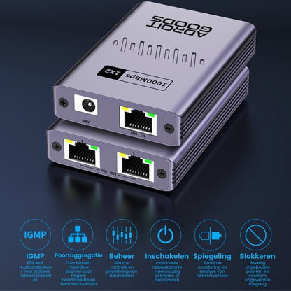 Compact zilverkleurig netwerkapparaat met ethernetpoorten en voedingsaansluiting voor datatransmissie