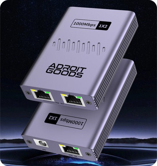 Twee zilverkleurige netwerkadapters met 1000mbps 1x2 en Adroit Goods logo