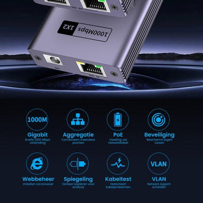 Zilverkleurig netwerkapparaat met ethernetpoorten en LED-indicatoren voor connectiviteit