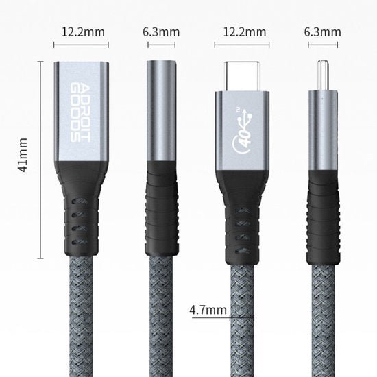 AdroitGoods kabel met metalen behuizing, nylon gevlochten, met afmetingen van de connectoren zichtbaar