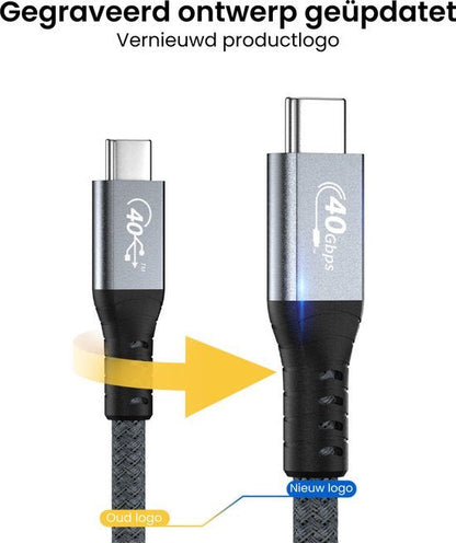Twee USB-C kabels met oud en nieuw gegraveerd logo en verbeterde behuizing zichtbaar