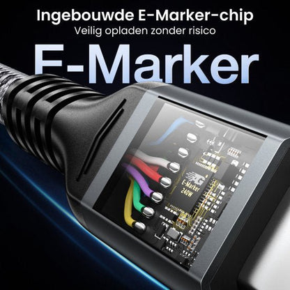 Close-up van een kabel met ingebouwde F-Marker chip en gekleurde bedrading zichtbaar binnenin