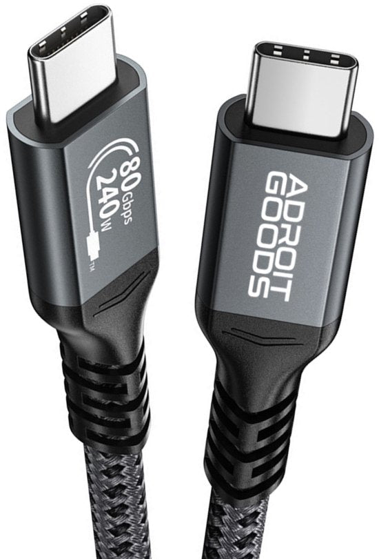 Zwarte USB-C kabel van AdroitGoods met gevlochten ontwerp, 80 Gbps en 240 W vermogen.