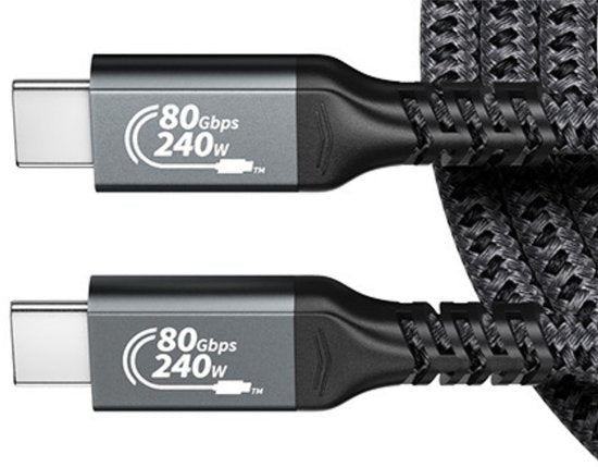 Zwarte gevlochten datakabel met usb-c connectoren en snelheid van 80 Gbps en 240 watt vermogen