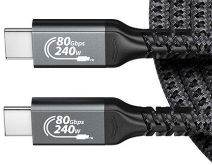 Zwarte gevlochten datakabel met usb-c connectoren en snelheid van 80 Gbps en 240 watt vermogen