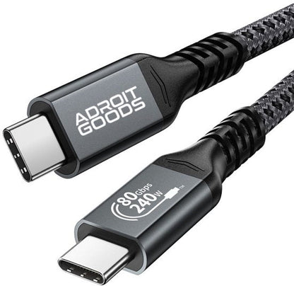 Twee USB-C kabels met gevlochten buitenkant en aanduiding van 80 Gbps en 240W vermogen