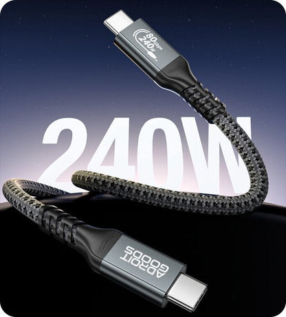 Zwart gevlochten USB-C-kabel met 240W vermogen en stevige connectoren voor snelle voeding