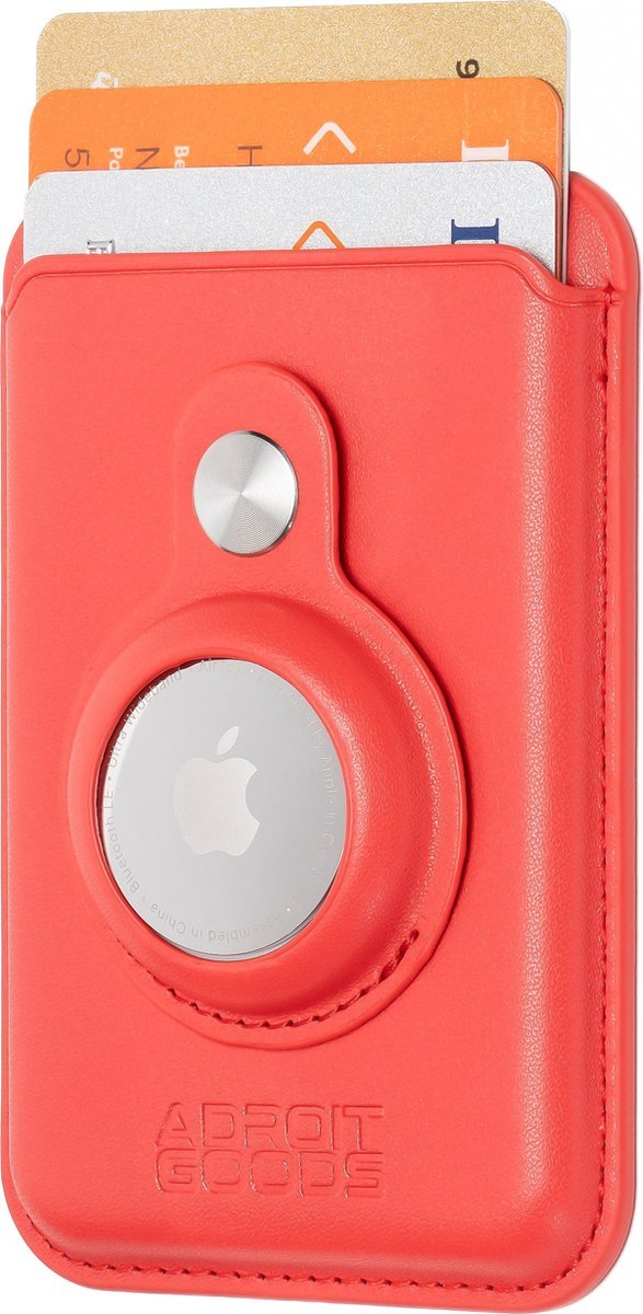 Rode leren portemonneehouder met metalen knop en Apple AirTag houder en kaarten erin