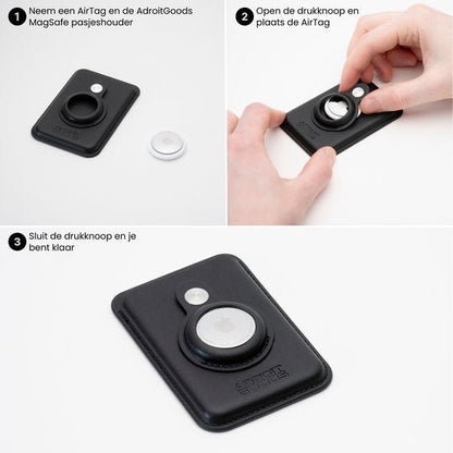 Stapsgewijze handleiding voor het plaatsen van een AirTag in een zwarte houder van AdroitGoods