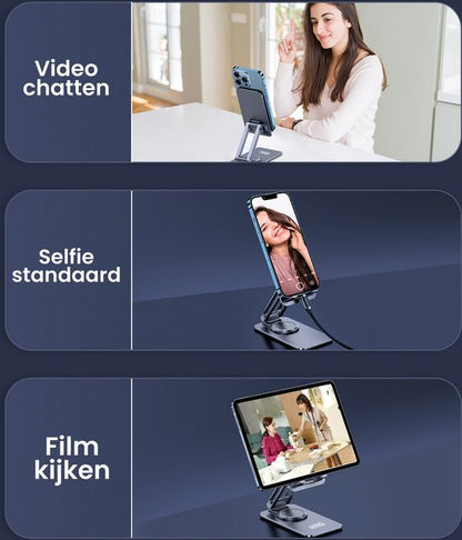 Vrouw gebruikt telefoonhouder voor videobellen, selfie en tabletstandaard voor film kijken