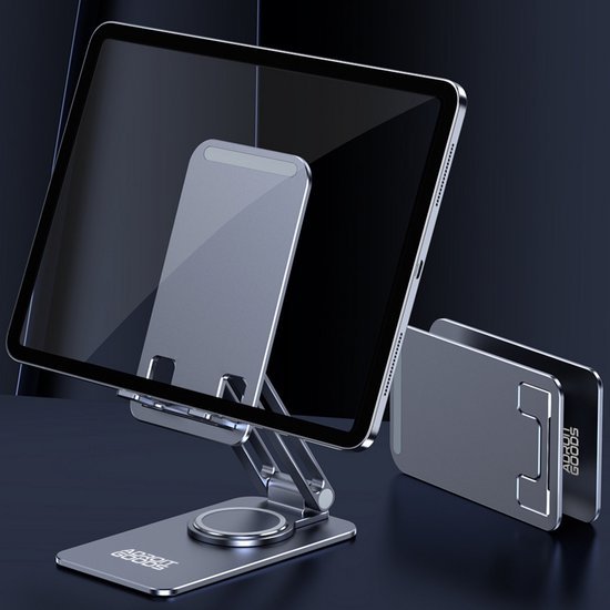 Stijlvolle verstelbare metalen tabletstandaard met ronde basis in donkergrijze kleur