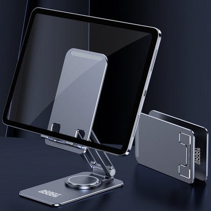 Stijlvolle verstelbare metalen tabletstandaard met ronde basis in donkergrijze kleur