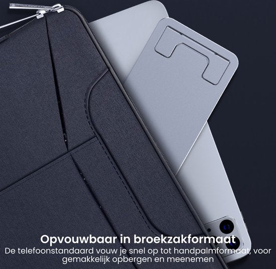 grijze opvouwbare telefoonstandaard naast zwart etui voor eenvoudig meenemen en opbergen