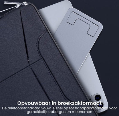 grijze opvouwbare telefoonstandaard naast zwart etui voor eenvoudig meenemen en opbergen