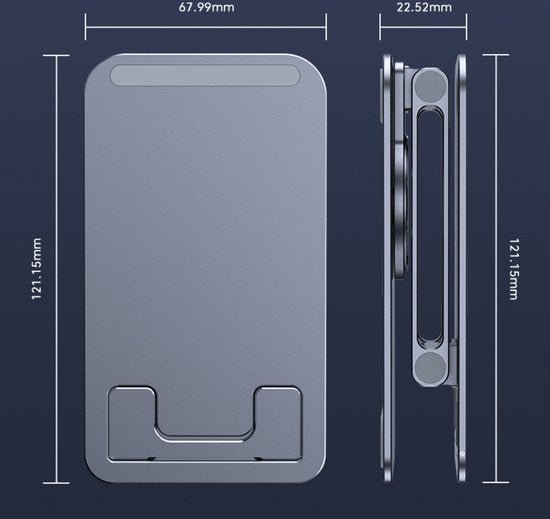 Vooraanzicht en zijaanzicht van een compact grijs apparaat met afmetingen in millimeters weergegeven