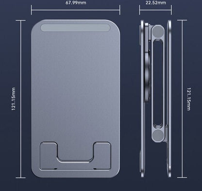 Vooraanzicht en zijaanzicht van een compact grijs apparaat met afmetingen in millimeters weergegeven