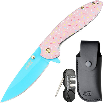 Vouwmes met blauw lemmet en roze handvat met sprinkles, inclusief slijper en zwarte hoes