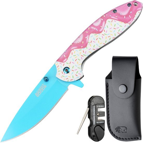 Vouwmes met felblauw lemmet en roze handvat met sprinkles patroon en leren hoesje