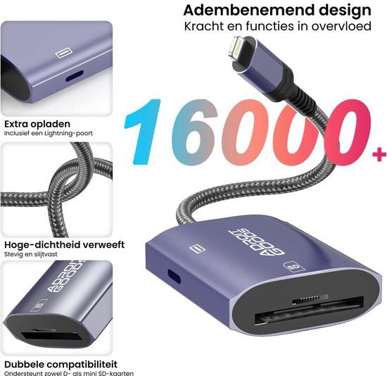 Lightning SD kaartlezer met gevlochten kabel en extra Lightning oplaadpoort