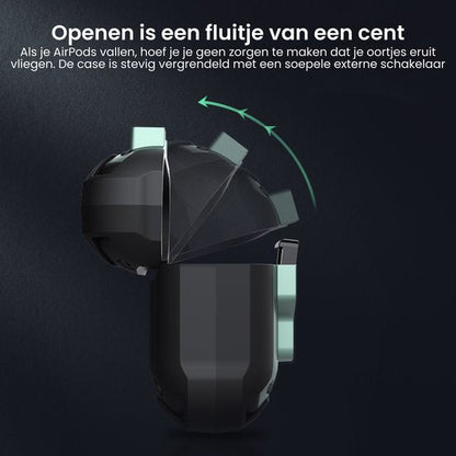 Zwarte beschermhoes met scharnierend deksel en vergrendelingsschakelaar voor AirPods case.