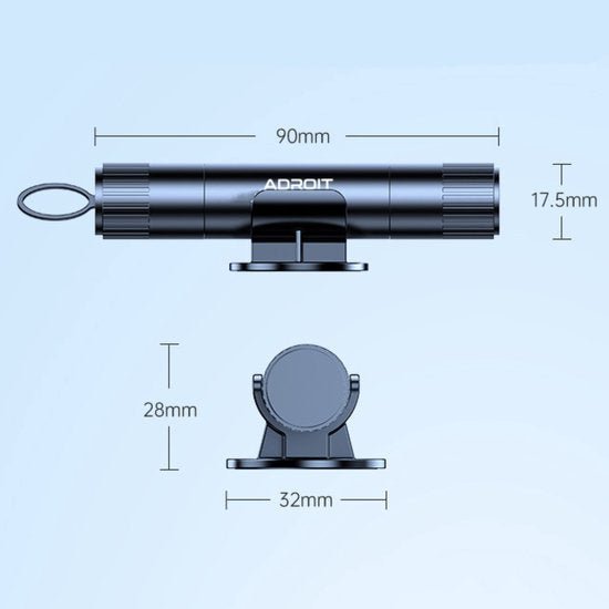Zwarte cilindervormige houder met afmetingen en merknaam Adroit op lichtblauwe achtergrond