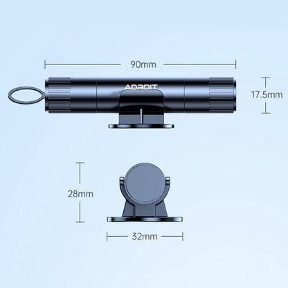 Zwarte cilindervormige houder met afmetingen en merknaam Adroit op lichtblauwe achtergrond