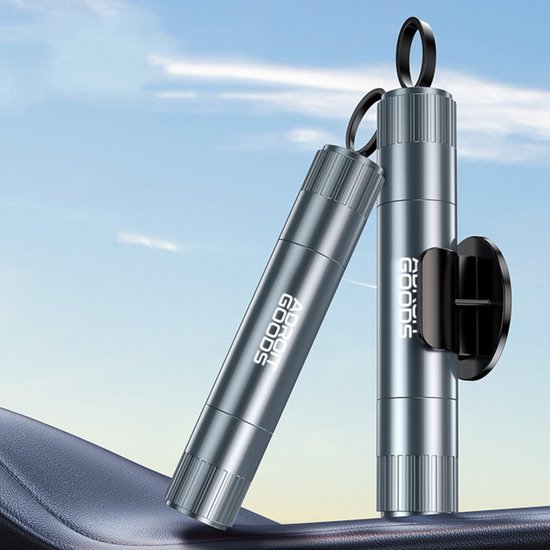 Twee metalen draagbare cylindrische objecten met bevestiging tegen een blauwe achtergrond