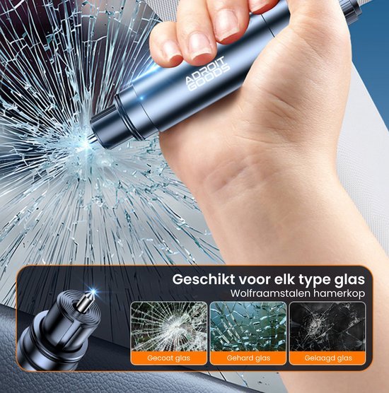 Hand gebruikt AdroitGoods hamerkop van wolfraamstaal om glas te breken in blauw licht