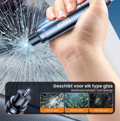 Hand gebruikt AdroitGoods hamerkop van wolfraamstaal om glas te breken in blauw licht