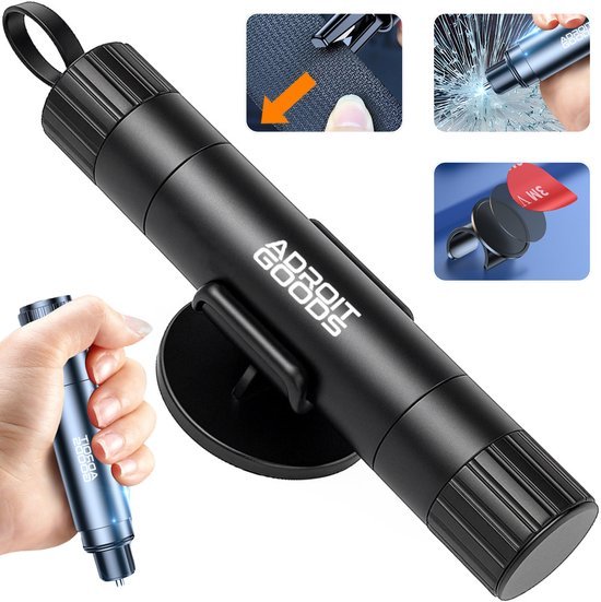 Zwart veiligheidshamer met vensterbreker en gordelsnijder voor noodgevallen in de auto