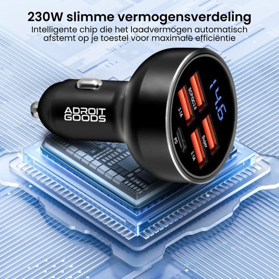 Zwarte autoradio oplader met drie USB-poorten en digitaal scherm voor stroomweergave