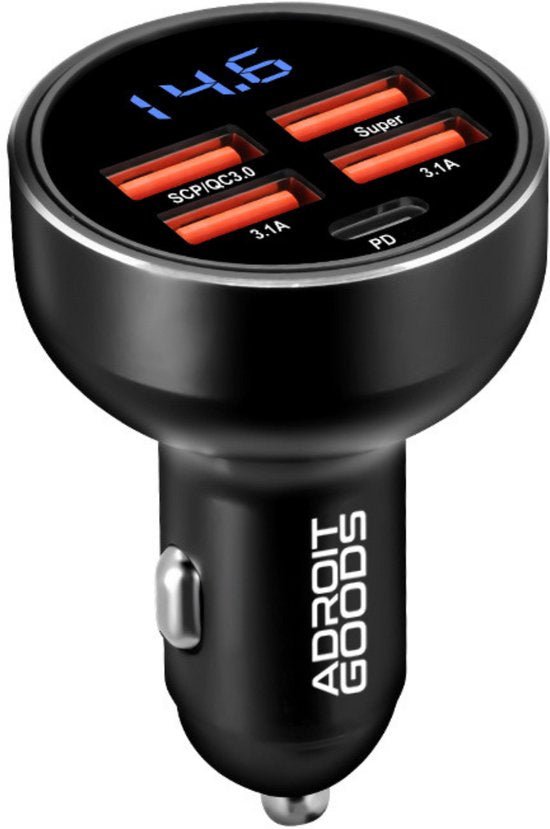 zwarte autolader met vier rode usb-poorten en blauw digitaal spanningsdisplay