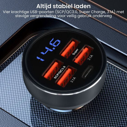 Zwarte autolader met vier USB-poorten en blauw digitaal laaddisplay voor onderweg