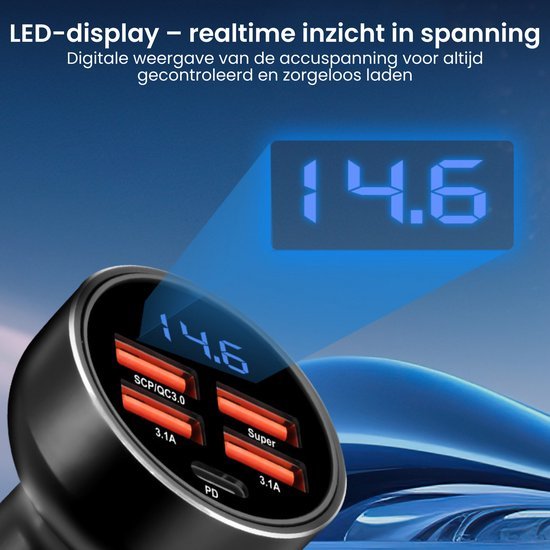 Close-up van een zwart apparaat met LED-display dat spanning 14.6 volt toont in blauwe cijfers