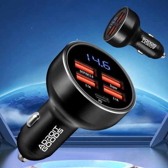 Zwarte autolader met vier USB-poorten en digitaal voltage-display in futuristische omgeving