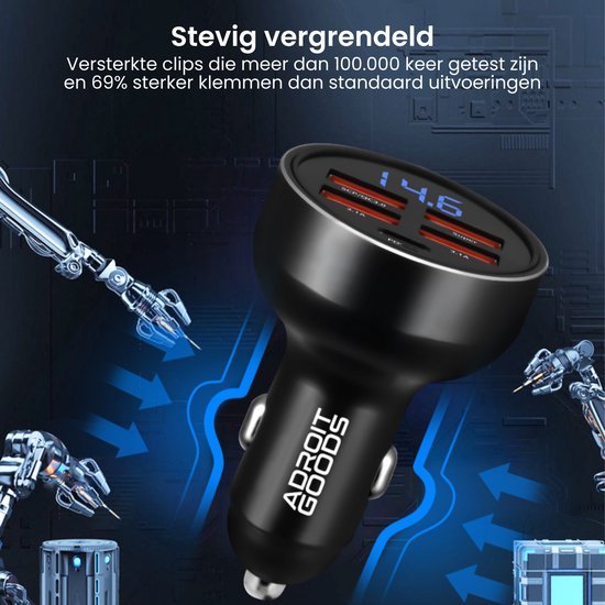 Zwarte Autolader met dubbele USB-poorten en digitaal display, stevige vergrendeling zichtbaar