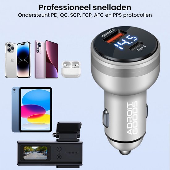 Auto snellader met digitaal display en type-C aansluiting, geschikt voor diverse apparaten