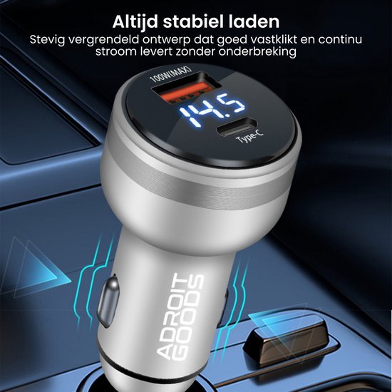 Lichtgrijze autolader met digitale voltmeter en twee USB-poorten voor snel opladen