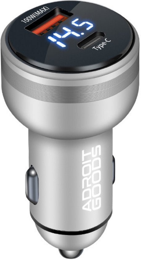 zilvergrijze autolader met digitale spanningsmeter en usb type-c en usb poorten